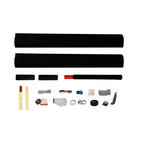 10kV single-core heat shrink straight-through cable joint kit showing black outer tubes, smaller sleeves, sealing materials and installation accessories
