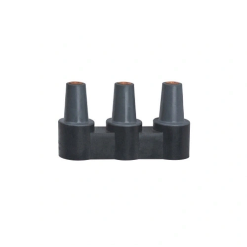 Black 12kV 630A three-way special-shaped busbar with three upright tapered connection interfaces and visible contact openings