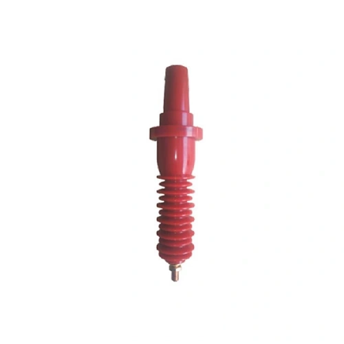 Red 15kV 200A bushing extender holder with ribbed insulating body, stepped upper housing and visible metal end fitting