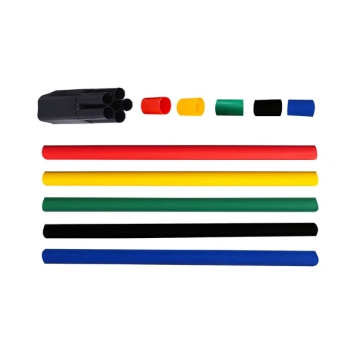 1kV five-core heat shrink cable termination kit with black five-finger breakout boot and red, yellow, green, black and blue sleeves