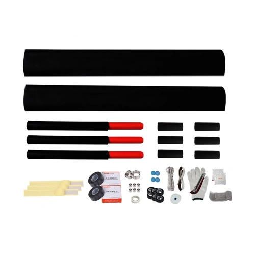 24kV three-core heat shrink straight-through cable joint kit with two large black tubes, three smaller red-ended sleeves and jointing accessories