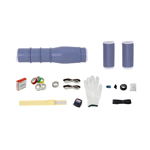 35kV single-core indoor cold shrink termination kit showing ribbed molded body, insulating sleeves, tapes, gloves and accessories