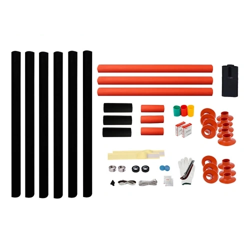 35kV three-core outdoor heat shrink termination kit with red insulation tubes, red rain sheds, black sleeves and three-finger breakout boot