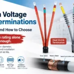 Medium voltage cable terminations showing three-core heat shrink and cold shrink products with cable size, insulation OD, shield type and grounding selection factors.
