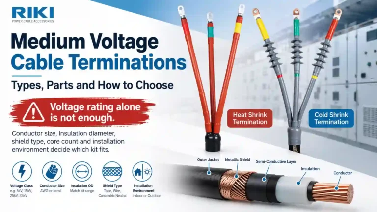 Medium voltage cable terminations showing three-core heat shrink and cold shrink products with cable size, insulation OD, shield type and grounding selection factors.