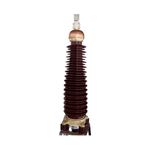 110kV outdoor cable termination with brown ribbed porcelain insulator, metal top terminal and supporting base flange